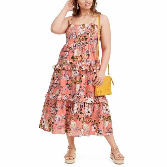 INC Womens Plus Cotton Orange Floral Print Sleeveless Smocked Tiered Midi Dress - Picture 1 of 8